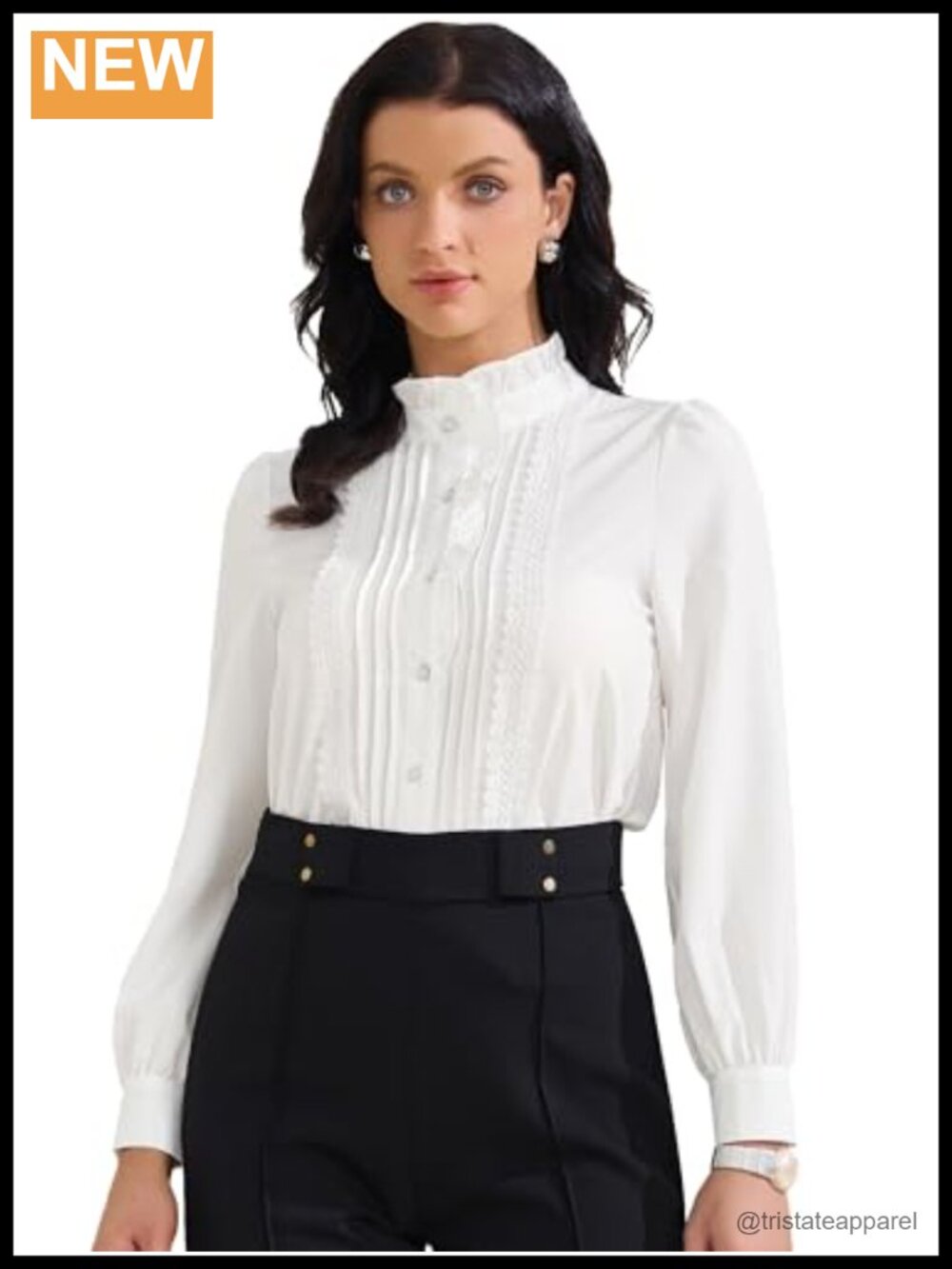 Lace Patchwork Puff Sleeve Button Down Blouse Ruffled Collar Office Top